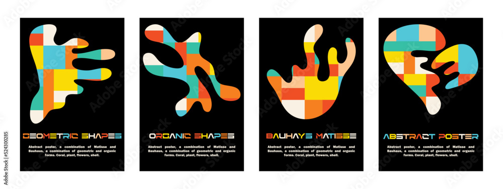Collection of trendy posters in colaboration of Matisse and Bauhaus styles. Vector modern minimalist template for postcards, banners, brochure. Aesthetic geometric and organic shapes. Сreative decor.