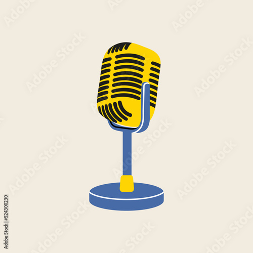 Studio microphone clip art in modern flat line style. Hand drawn vector illustration of mouthpiece, transmitter, mike, podcast, broadcast studio misc, mic. Music vintage equipment, retro element.