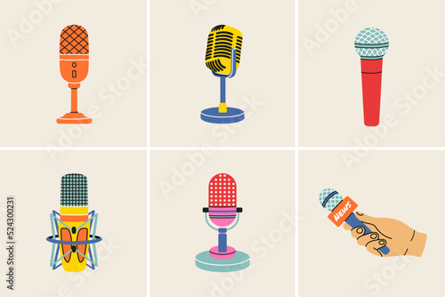 Microphone clip art set in modern flat line style. Hand drawn vector illustration of mouthpiece, transmitter, mike, karaoke, studio misc, mic. Music sound vintage equipment, retro elements, icons.