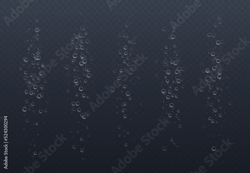 Underwater fizzing bubbles, soda or champagne carbonated drink, sparkling water. Effervescent drink. Aquarium, sea, ocean bubbles vector illustration.