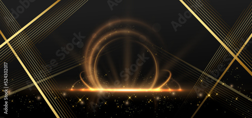 Abstract elegant golden circle with lighting effect diagonal scene sparkle on black background. Template premium award design.