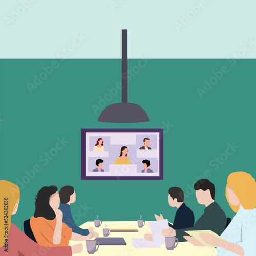 Creative Vector illustration drawing of Diverse company employees having online business conference video call on tv screen monitor in board meeting room. Video conference presentation concept. Design