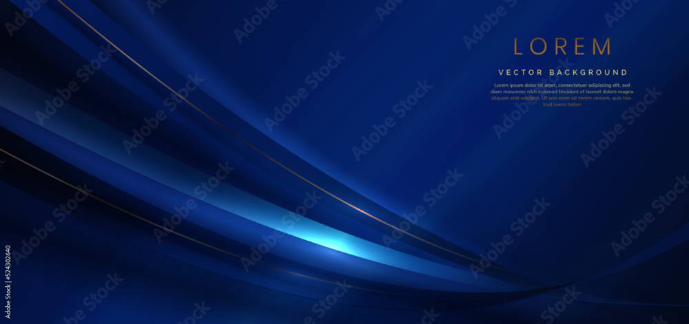 Abstract 3d gold curved dark blue ribbon on dark blue background with lighting effect and sparkle with copy space for text. Luxury design style. Abstract 3d gold curved dark blue ribbon on dark blue background with lighting effect and sparkle with copy space for text. Luxury design style.