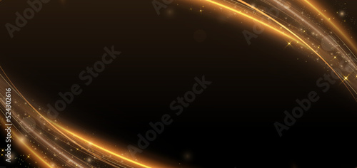 Abstract elegant gold curve glowing with lighting effect sparkle on black background. Template premium award design.