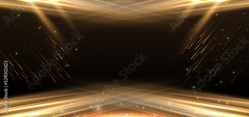 Abstract elegant gold glowing with lighting effect sparkle on black background. Template premium award design.