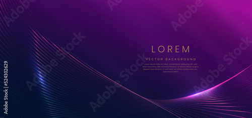 Abstract luxury curve glowing lines on dark blue and purple background. Template premium award design. photo
