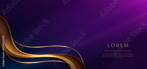 Abstract 3d gold curved ribbon on purple and dark blue background with lighting effect and sparkle with copy space for text. Luxury design style.