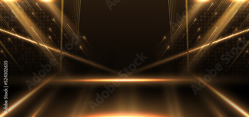 Abstract elegant gold glowing with lighting effect sparkle on black background. Template premium award design.