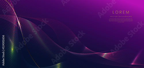 Abstract luxury golden lines curved overlapping on dark blue and purple background. Template premium award design.