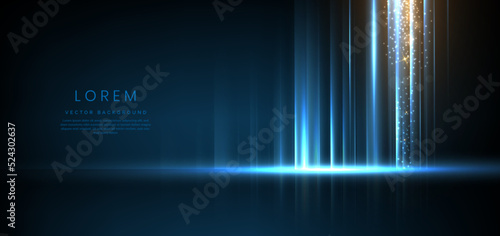 Abstract technology futuristic light blue stripe vertical lines light on blue background with gold lighting effect sparkle.