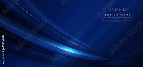 Abstract 3d gold curved dark blue ribbon on dark blue background with lighting effect and sparkle with copy space for text. Luxury design style.