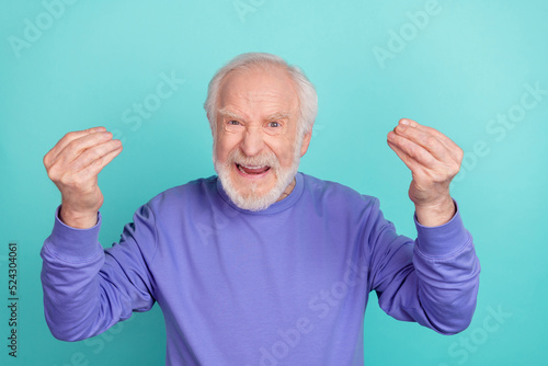 Photo of unsatisfied crazy aged man arms fingers show italian gesture scream isolated on teal color background