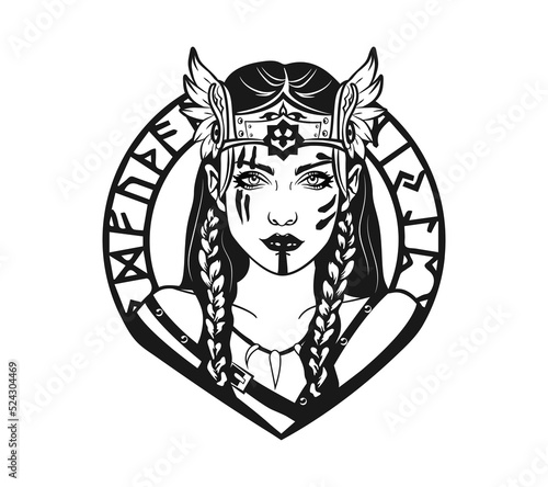 Viking Design. Valkyrie in a wolf helmet. Image of Valkyrie, a woman warrior from Scandinavian mythology, isolated on white, vector illustration