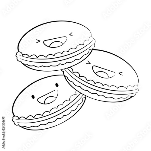 Outline Style Cute macarons vector icon  isolated on white background. Cartoon Sticker. Kawaii smiling food illustration. Flat cartoon outline style. Coloring page.