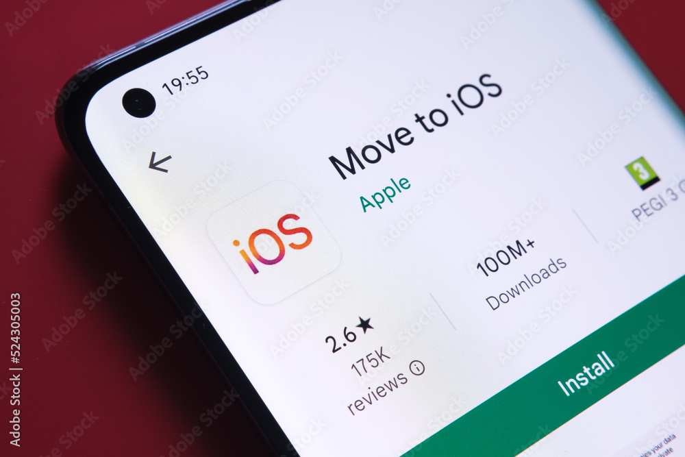 move to iOS app seen in Google Play Store on the smartphone screen placed  on red background. Close up photo with selective focus. Stafford, United  Kingdom, August 2, 2022. Photos | Adobe Stock