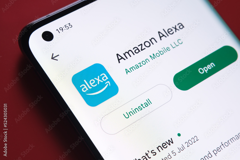amazon alexa app seen in Google Play Store on the smartphone screen placed  on red background. Close up photo with selective focus. Stafford, United  Kingdom, August 2, 2022. Stock Photo | Adobe Stock