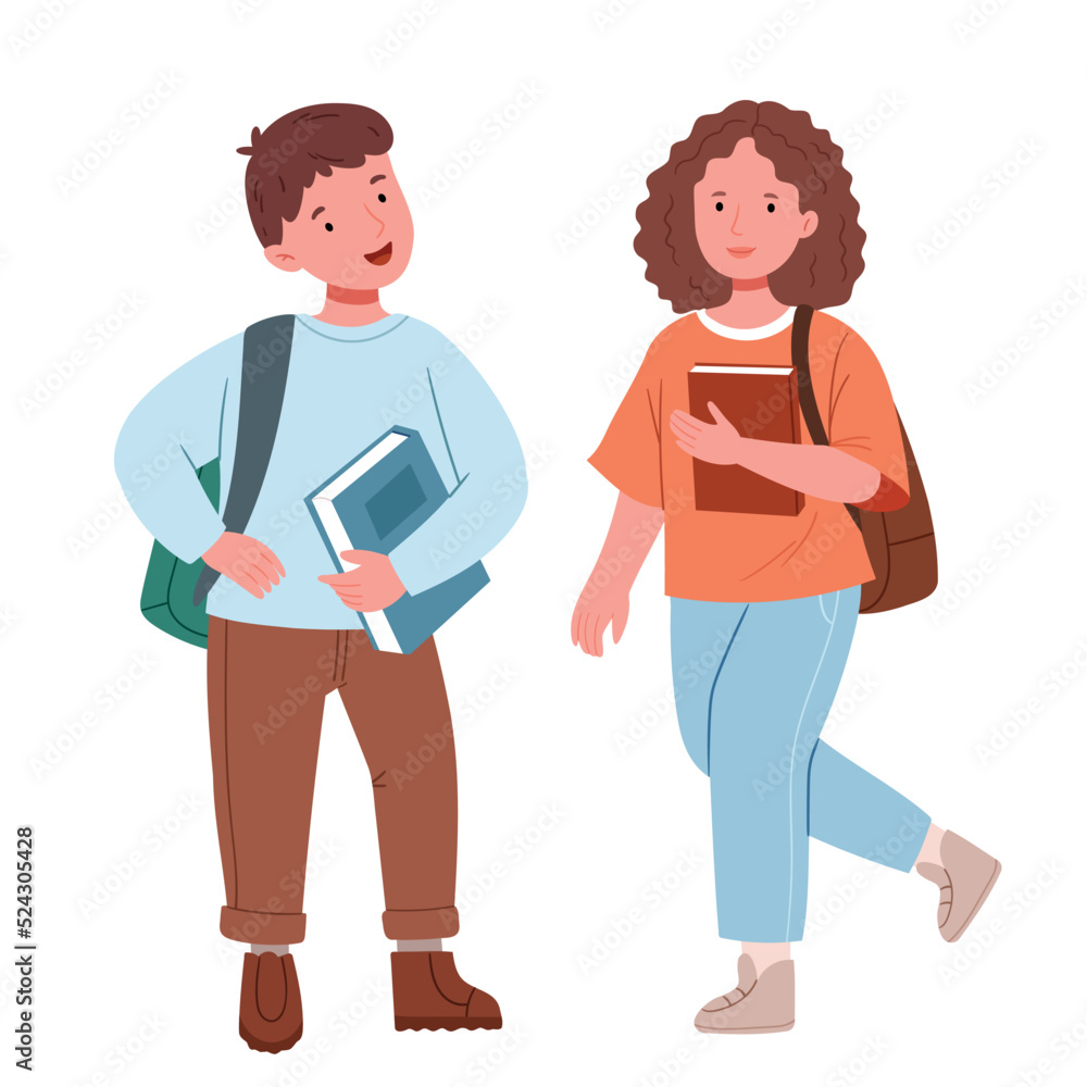 Set of schoolchildren.Back to school concept. Hand drawn flat vector illustration isolated on white background.