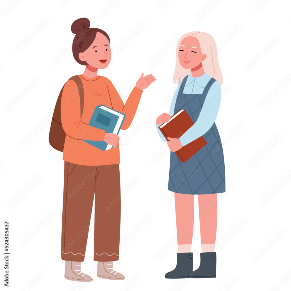 Two stylish girlfriends, schoolgirls are talking.Back to school concept. Hand drawn flat vector illustration isolated on white background. Two stylish girlfriends, schoolgirls are talking.Back to school concept. Hand drawn flat vector illustration isolated on white background.