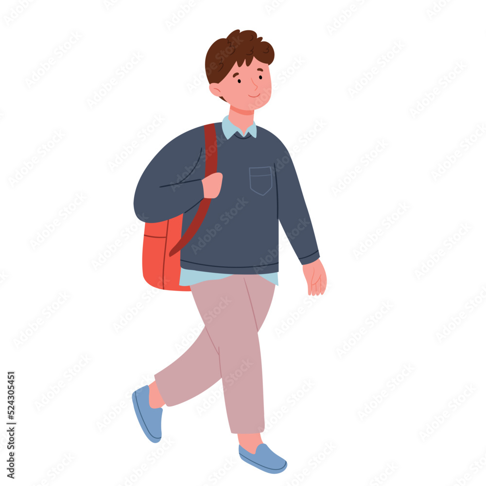 Schoolboy in modern clothes with backpack in full growth.Back to school concept.Hand drawn flat vector illustration isolated on white background. Schoolboy in modern clothes with backpack in full growth.Back to school concept.Hand drawn flat vector illustration isolated on white background.