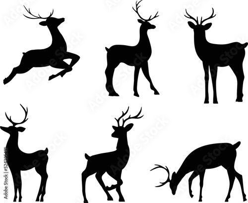 Print op canvas Noble sika deer set reindeers with antlers isolated Vector Silhouettes