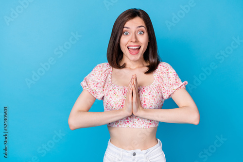 Obraz na plátně Portrait photo of young pretty cute perfect nice woman wear crop top pleading is