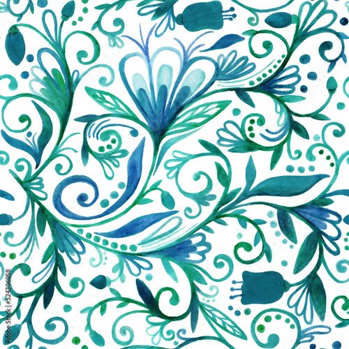 Hand drawn watercolor abstract seamless pattern of blooming flowers, leaves and branches on a white background. Decorative ornamental illustration for invitation, wallpaper, wrapping paper, fabric