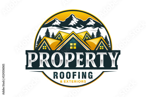 Property house logo real estate emlem rounded shape mountain hill window roof family home 