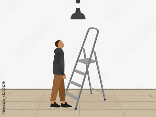 A male character stands near a ladder and looks at the ceiling light