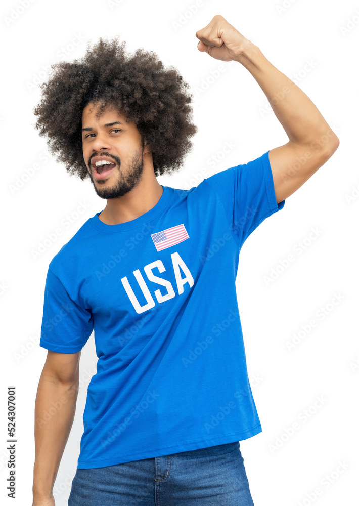 Cheering american soccer fan with jersey with flag of USA Cheering american soccer fan with jersey with flag of USA