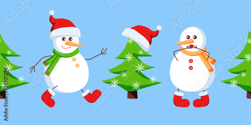 Snowman rushes to help his friend. Cartoon seamless border.