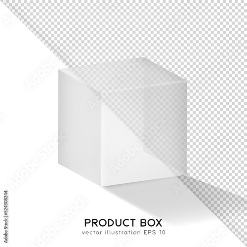Transparent isometric box for product presentation (cosmetic, medicals, etc.) White empty glass container mockup. 3D realistic packaging, shipping case, cube. Vector illustration EPS 10