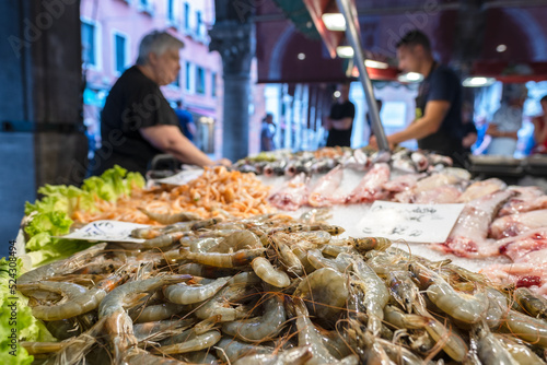 Fresh shrimps on venetian Rialto fish market, Venice, Italy 