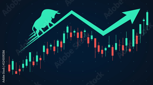 Bull market growth up arrow trend. Stock, exchange, trading chart, graph vector illustration. Silhouette bull on dark background.