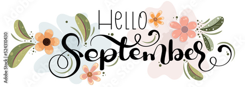 Hello September on ornaments. SEPTEMBER month vector with flowers and leaves. Decoration floral. Illustration month September 