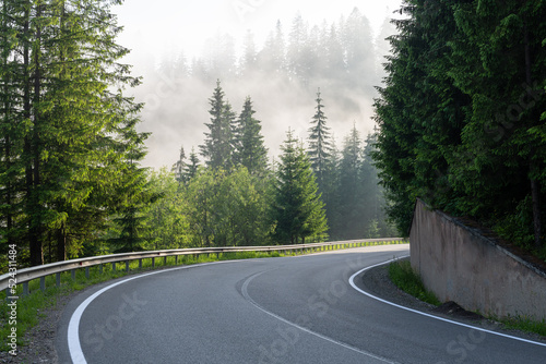 Turn of the road in foggy forest in the morning