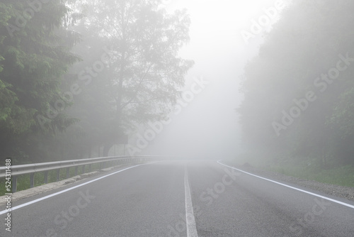 Empty misty road in forest