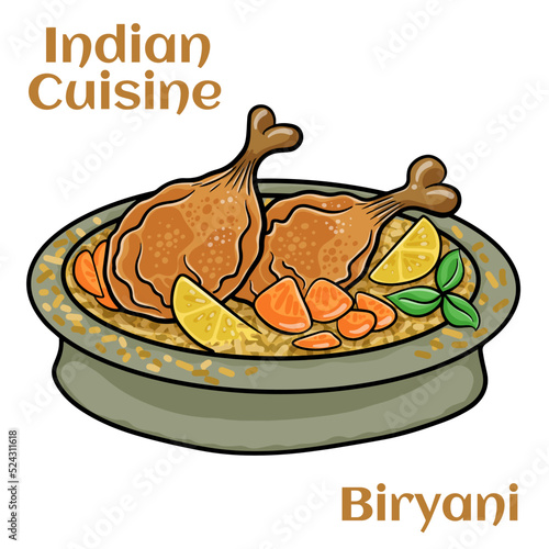 Serving of chicken biryani on a white background. Indian food
