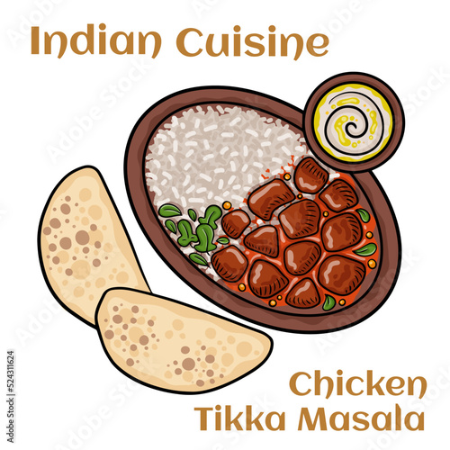 Chicken tikka masala curry with rice and naan bread