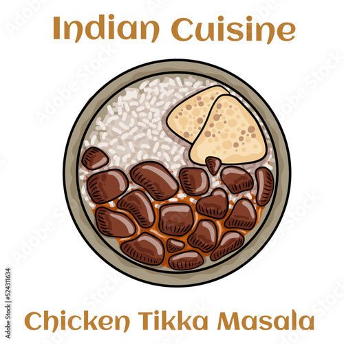 Chicken tikka masala curry with rice and naan bread