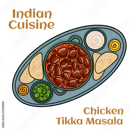 Chicken tikka masala curry with rice and naan bread