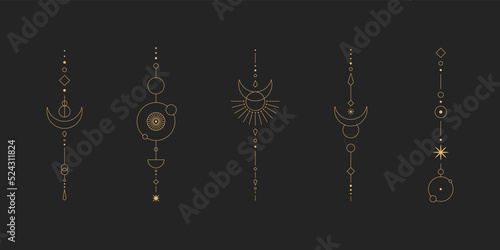 Set of moon and sun line art. Minimal boho linear symbols. Celestial mystic element. Vector line art illustration.