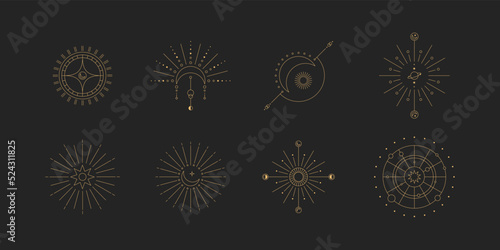 Set of moon and sun line art. Minimal boho linear symbols. Celestial mystic element. Vector line art illustration.