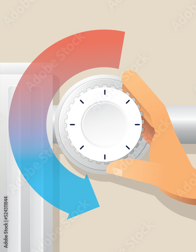 Grafik Hand am Thermostat symbolisch für Heizung runterdrehen