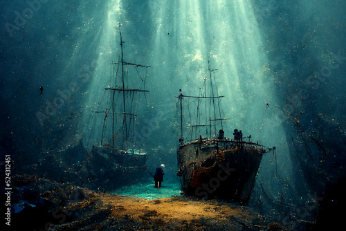 Wallpaper Mural Image surrealistic of shipwreck in deep ocean, human community houses under the deep sea, man living under the sea with light ray, digital illustration