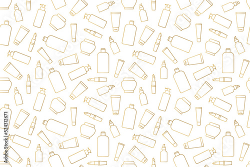 golden seamless pattern with skin care, lipstick, cosmetics outline icons, great for wrapping, textile, wallpaper, greeting card- vector illustration