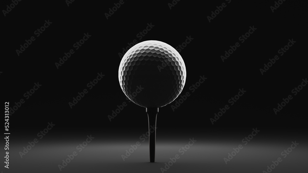 Stylish golf ball on tee on dark background, 3d rendering Stylish golf ball on tee on dark background, 3d rendering