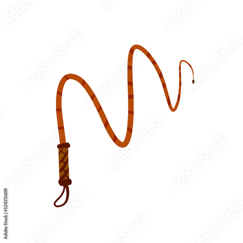 Whip for training an animal. Long cord. Horsewhip of Wild West. Flat cartoon. Concept of slavery, submission and domination