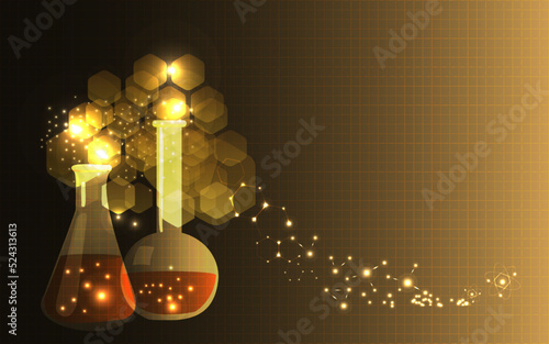 chemistry tubes, molecules and atoms background. A chemical reaction with golden lights. Magic potion and alchemy background. Chemistry science futuristic vector background.