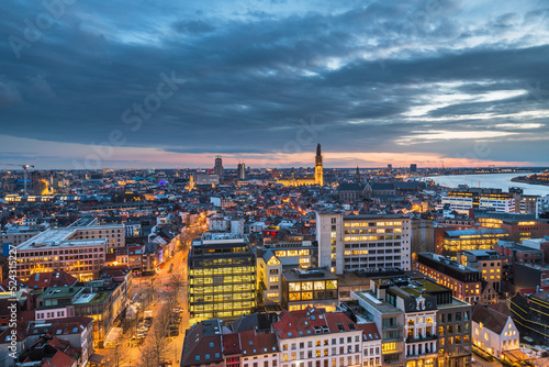 Antwerp, Belgium cityscape from above at twilight.