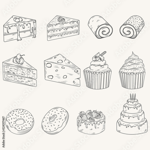 Cake sketch set  celebration cake line art.